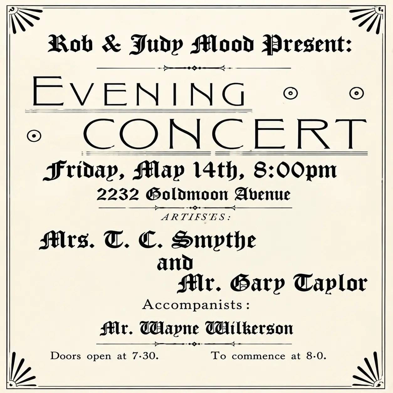 A hand-lettered house concert invitation with warm vintage typography